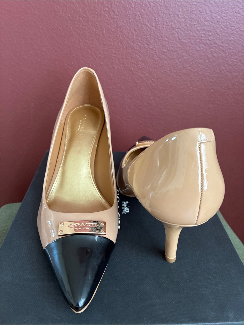 Coach Two-Tone Nude and Black Patent Pointed Toe Pumps - Picture 4 of 10